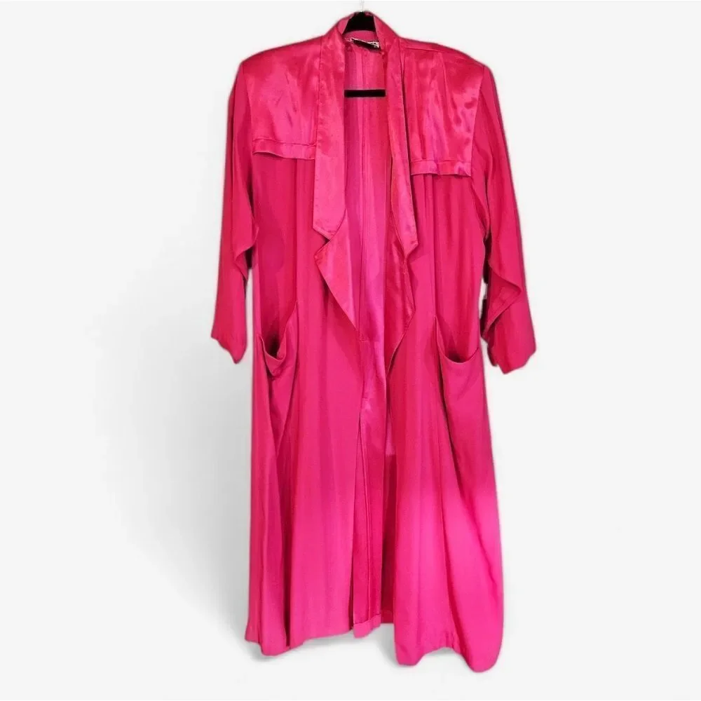 Vintage Forenza 80s Retro Fuchsia Satin Oversized Duster Yoked Waist Pant Set 10